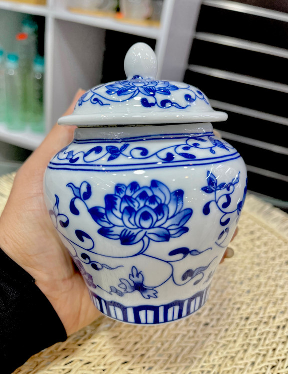 جینجر جار چینی قلم آبی ارتفاع ۱۲ سانت با درب واشردار و کیفیت عالی